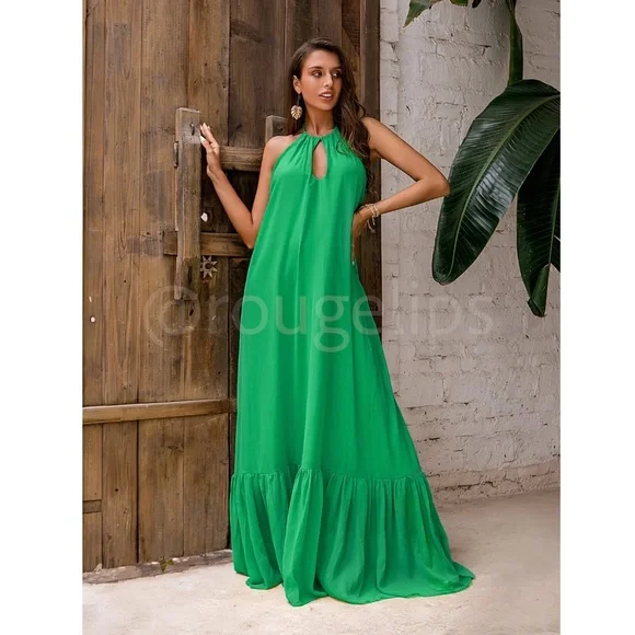 Green Flowy Halter Cutout Maxi Flared Dress Backless Open Back - Picture 3 of 8